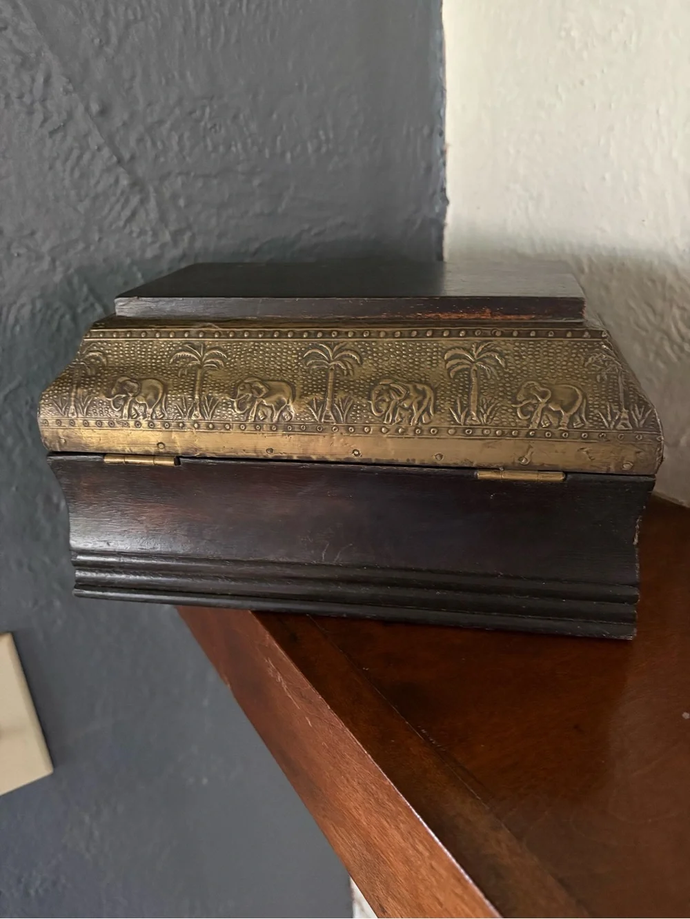 Vintage Style Wooden & Embossed Brass Elephant Trinket Jewelry Box - India